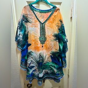 Peacock blue and orange, sheer, kimono cover-up